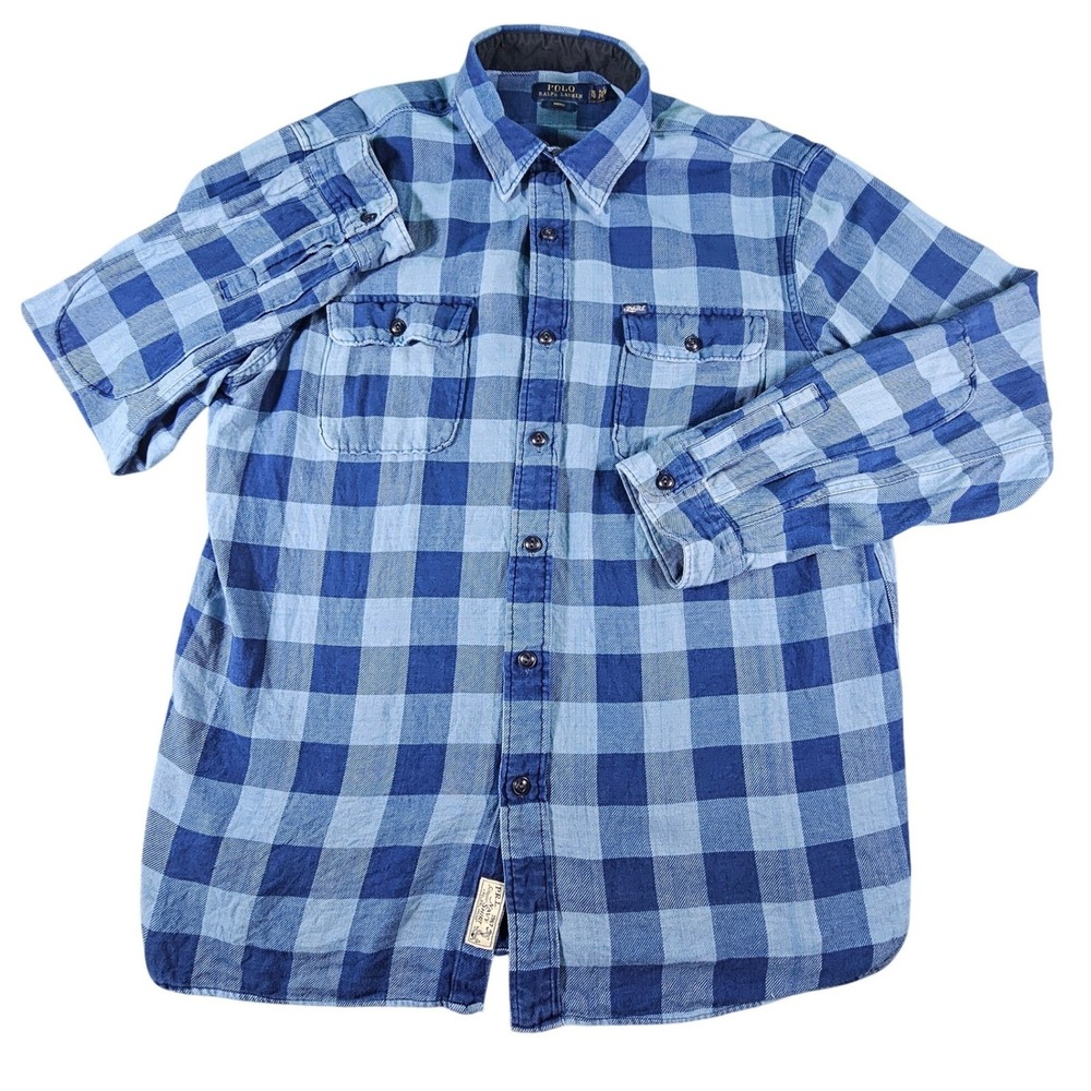 Polo Ralph Lauren Indigo Flannel Workshirt Mens XL Buffalo Plaid Cabincore